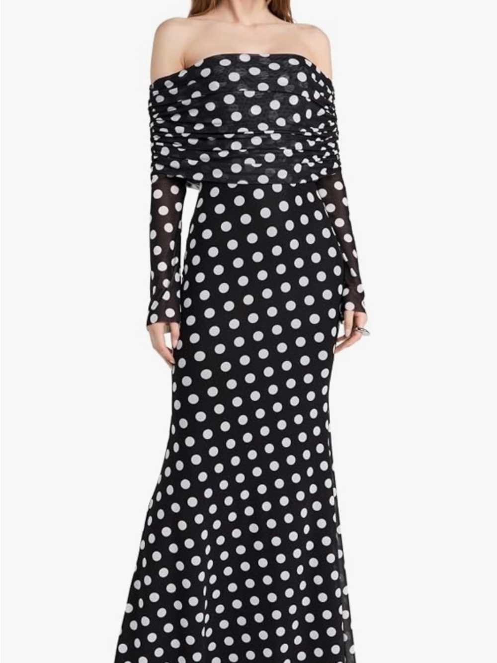 AFRM Black and White Polka Dot Off-Shoulder Maxi Dress